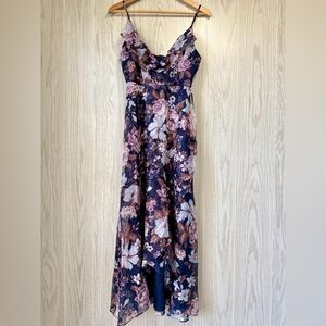 Lulu’s Flounce Wrap Midi Dress Size S Navy Lavender Floral Ruffle Chiffon NWT